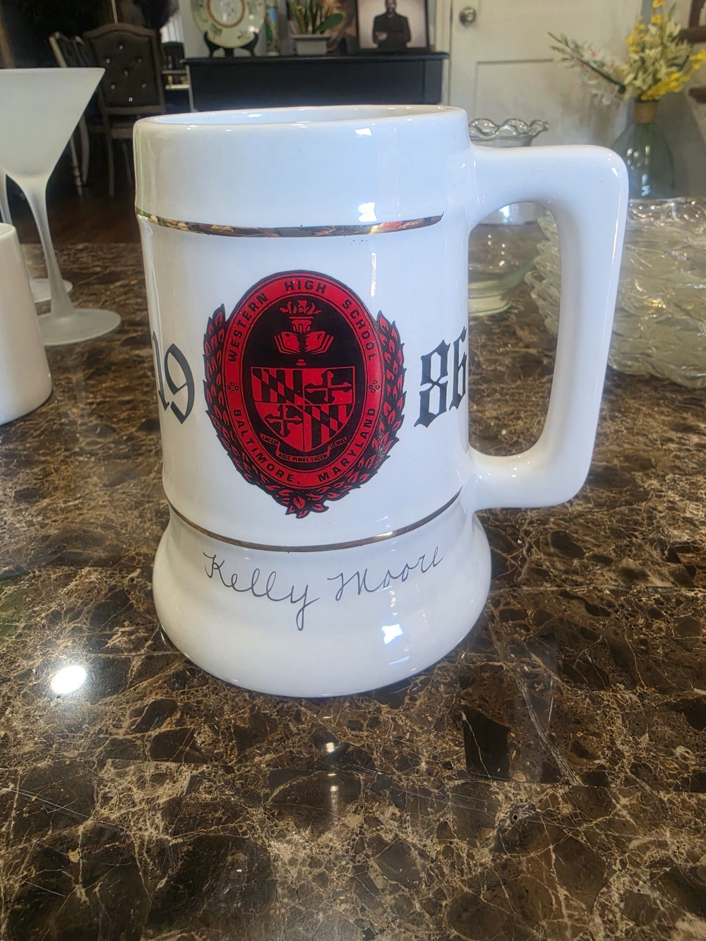 Source Unknown White and Red Ceramic Commemorative Stein